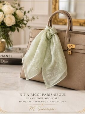Vintage Nina Ricci Paris-Seoul Silk Chiffon Logo Scarf Celadon Green 19” Square